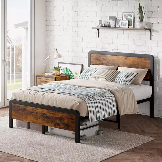 Set of 2 Full Size Bed Frame with Wood Headboard and Footboard, Mattress Foundation, Strong Metal Slats Support, No Box Spring Needed, Rustic Brown