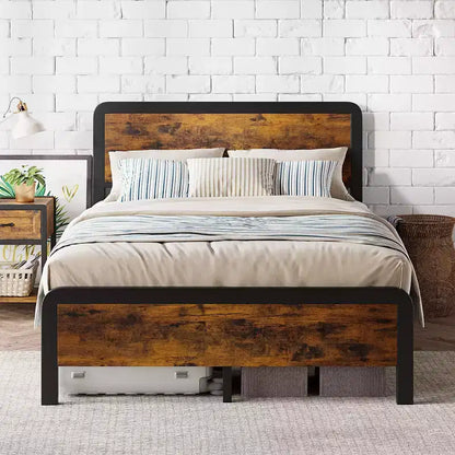 Lot de 2 lits doubles avec tête et pied de lit en bois, sommier tapissier, lattes métalliques robustes, pas besoin de sommier à ressorts, marron rustique