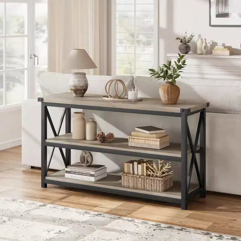 Coolmee Industrial Long Console Table, 47 Inch 3-Tier Entryway Table with Storage Shelves, Entry Table for Entrance, Hallway, Living Room