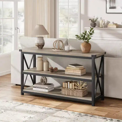 Coolmee Industrial Long Console Table, 47 Inch 3-Tier Entryway Table with Storage Shelves, Entry Table for Entrance, Hallway, Living Room