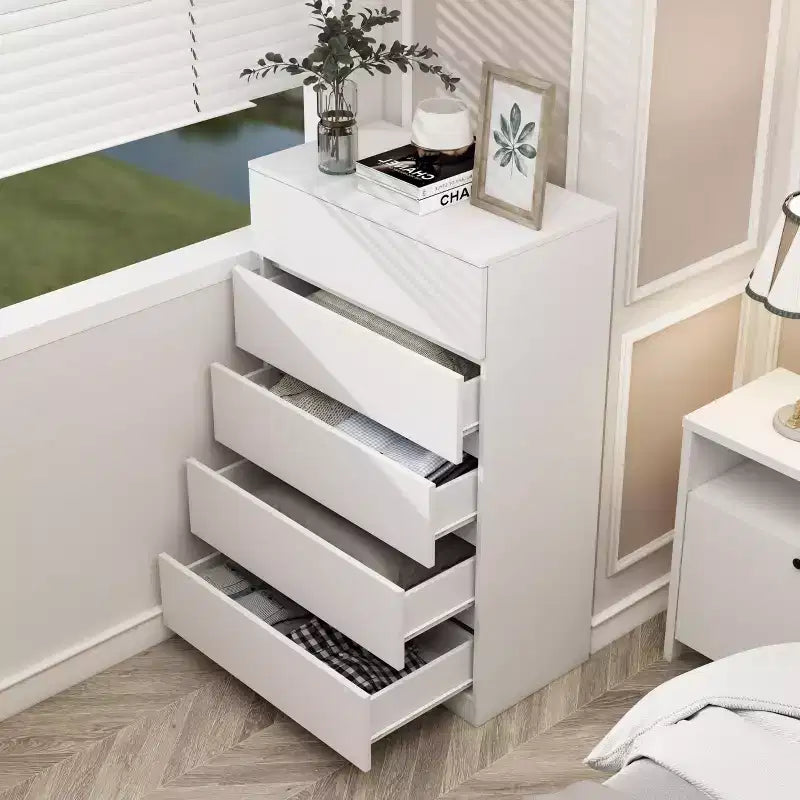 Sandinrayli Commode à 5 tiroirs, commode haute blanche pour chambre à coucher, tiroirs de placard hauts en bois, blanc