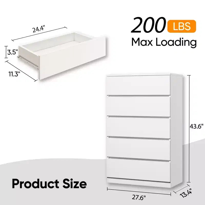 Sandinrayli Commode à 5 tiroirs, commode haute blanche pour chambre à coucher, tiroirs de placard hauts en bois, blanc
