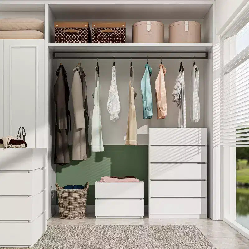 Sandinrayli Commode à 5 tiroirs, commode haute blanche pour chambre à coucher, tiroirs de placard hauts en bois, blanc
