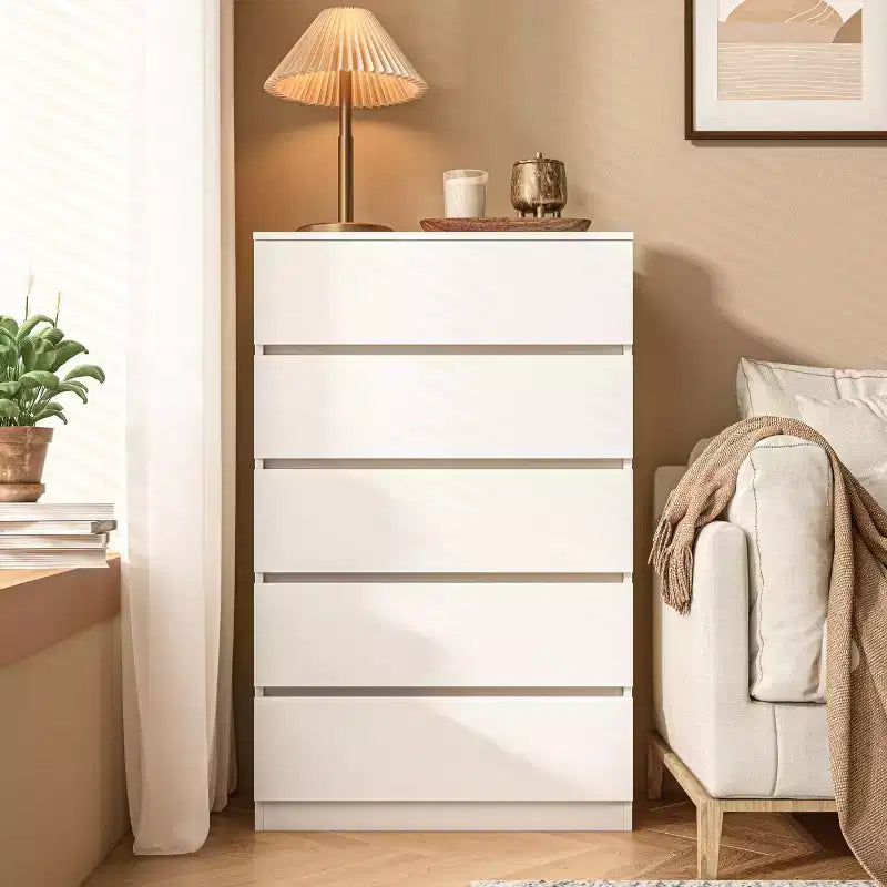 Sandinrayli Commode à 5 tiroirs, commode haute blanche pour chambre à coucher, tiroirs de placard hauts en bois, blanc