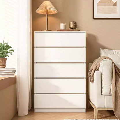 Sandinrayli Commode à 5 tiroirs, commode haute blanche pour chambre à coucher, tiroirs de placard hauts en bois, blanc