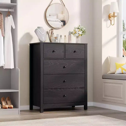 Commode haute à 5 tiroirs GustoWave, organisateur de rangement en bois moderne pour chambre à coucher, entrée, couloir, bureau à domicile