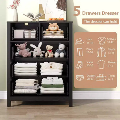 Commode haute à 5 tiroirs GustoWave, organisateur de rangement en bois moderne pour chambre à coucher, entrée, couloir, bureau à domicile