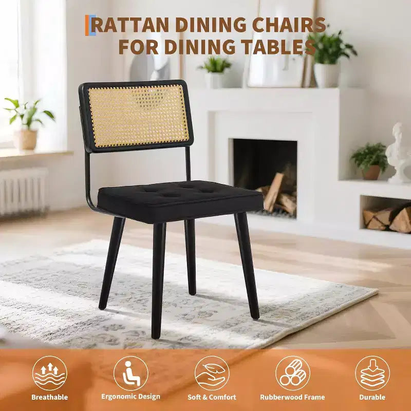 Chaises de salle à manger Mid-Century Modern, chaises de cuisine rembourrées en PU avec dossier haut en rotin et pieds en bois robustes, lot de 1/2, style vintage