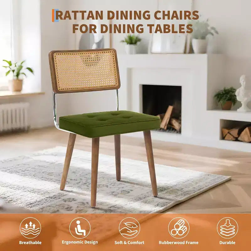 Chaises de salle à manger Mid-Century Modern, chaises de cuisine rembourrées en PU avec dossier haut en rotin et pieds en bois robustes, lot de 1/2, style vintage
