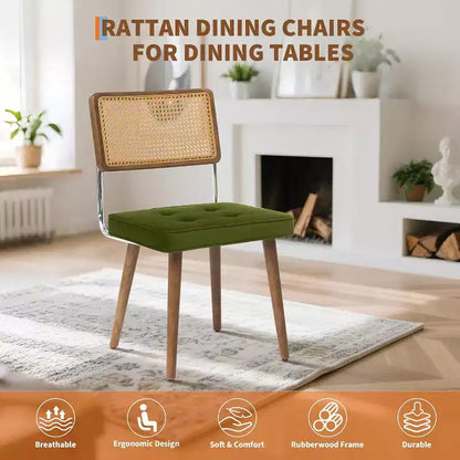Chaises de salle à manger Mid-Century Modern, chaises de cuisine rembourrées en PU avec dossier haut en rotin et pieds en bois robustes, lot de 1/2, style vintage