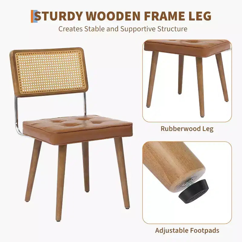 Chaises de salle à manger Mid-Century Modern, chaises de cuisine rembourrées en PU avec dossier haut en rotin et pieds en bois robustes, lot de 1/2, style vintage