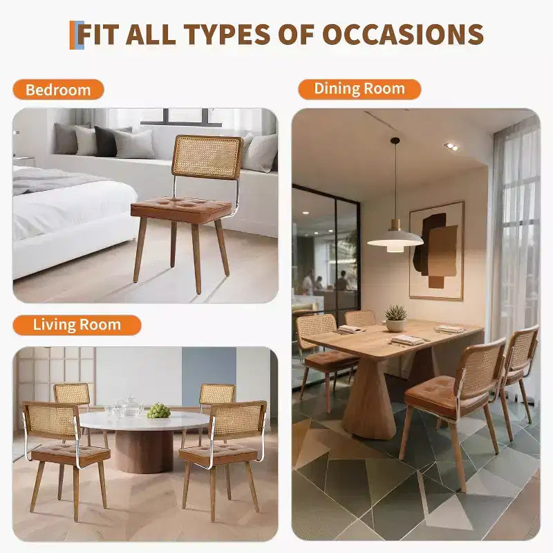 Chaises de salle à manger Mid-Century Modern, chaises de cuisine rembourrées en PU avec dossier haut en rotin et pieds en bois robustes, lot de 1/2, style vintage