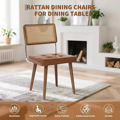Chaises de salle à manger Mid-Century Modern, chaises de cuisine rembourrées en PU avec dossier haut en rotin et pieds en bois robustes, lot de 1/2, style vintage