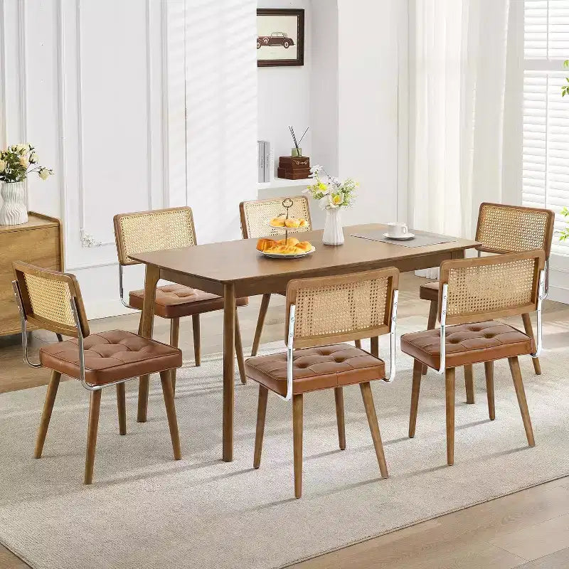 Chaises de salle à manger Mid-Century Modern, chaises de cuisine rembourrées en PU avec dossier haut en rotin et pieds en bois robustes, lot de 1/2, style vintage