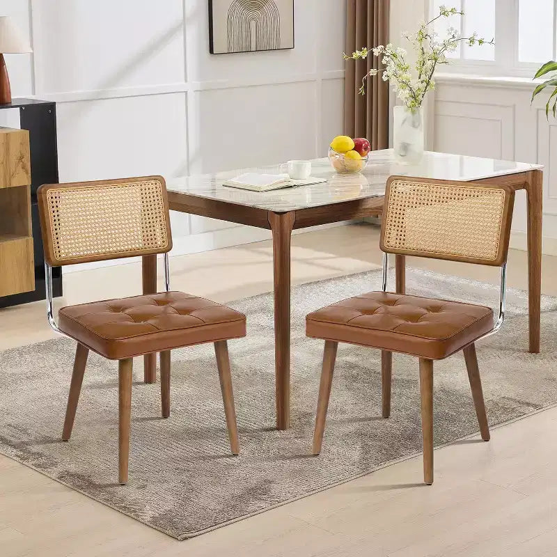 Chaises de salle à manger Mid-Century Modern, chaises de cuisine rembourrées en PU avec dossier haut en rotin et pieds en bois robustes, lot de 1/2, style vintage