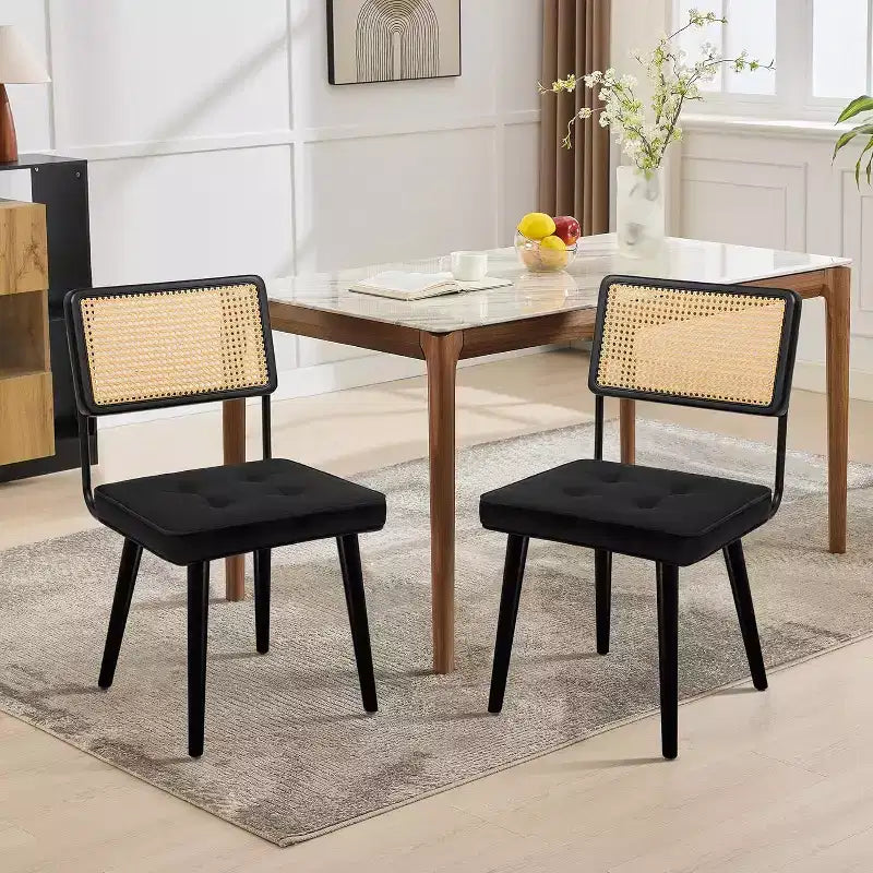 Chaises de salle à manger Mid-Century Modern, chaises de cuisine rembourrées en PU avec dossier haut en rotin et pieds en bois robustes, lot de 1/2, style vintage