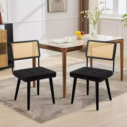 Chaises de salle à manger Mid-Century Modern, chaises de cuisine rembourrées en PU avec dossier haut en rotin et pieds en bois robustes, lot de 1/2, style vintage