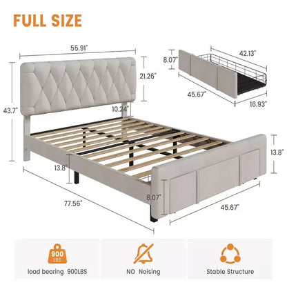 Cadre de lit double moderne rembourré avec tête de lit capitonnée - Lit plateforme silencieux avec tiroirs de rangement, lattes en bois, blanc