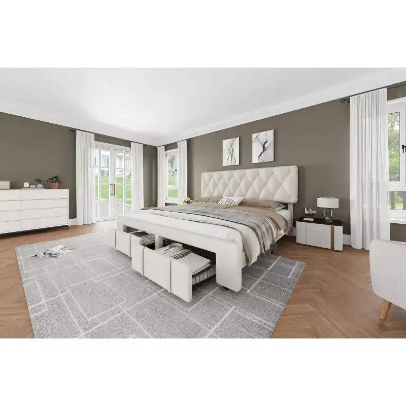 Cadre de lit double moderne rembourré avec tête de lit capitonnée - Lit plateforme silencieux avec tiroirs de rangement, lattes en bois, blanc