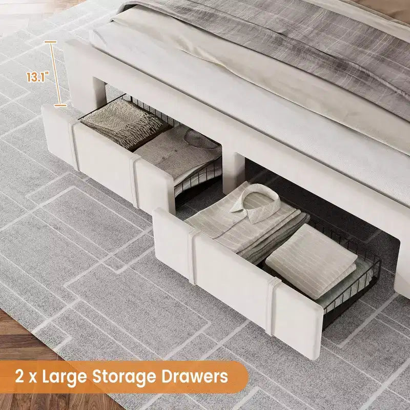 Cadre de lit double moderne rembourré avec tête de lit capitonnée - Lit plateforme silencieux avec tiroirs de rangement, lattes en bois, blanc