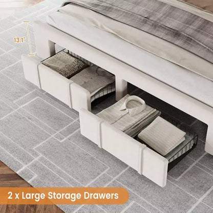 Cadre de lit double moderne rembourré avec tête de lit capitonnée - Lit plateforme silencieux avec tiroirs de rangement, lattes en bois, blanc