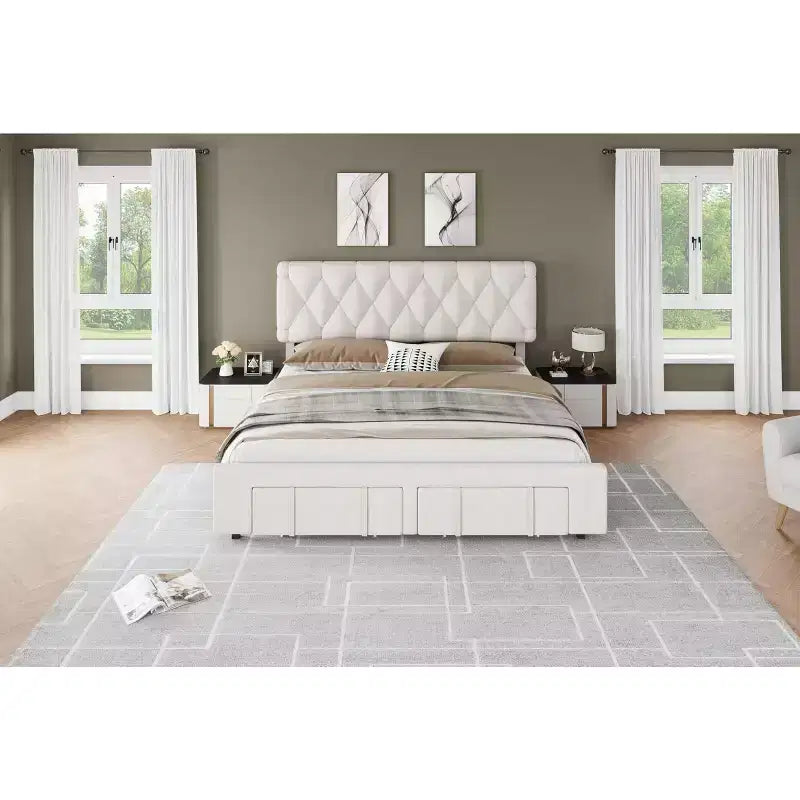 Cadre de lit double moderne rembourré avec tête de lit capitonnée - Lit plateforme silencieux avec tiroirs de rangement, lattes en bois, blanc