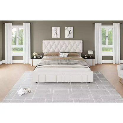 Cadre de lit double moderne rembourré avec tête de lit capitonnée - Lit plateforme silencieux avec tiroirs de rangement, lattes en bois, blanc