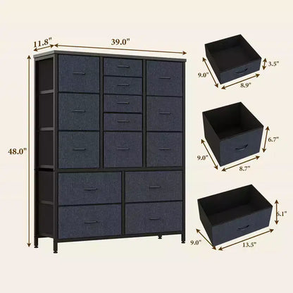 Commode à 15 tiroirs pour chambre à coucher, commode haute et commodes, commode de rangement en tissu peu encombrante pour placard, couloir, salon, grise