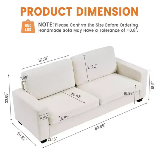 Canapé moderne 83" en velours côtelé avec accoudoirs, canapé nuage robuste avec assise profonde pour salon et appartement, beige