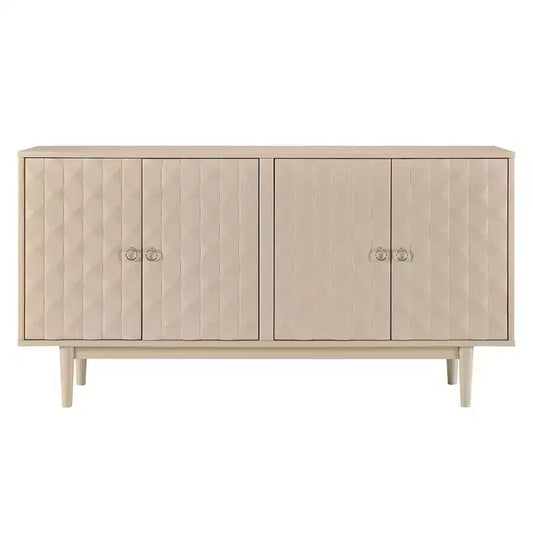 Hostack 4-Door Sideboard with Convex Pattern Doors and 2 Silver Handles for Living Room, Almond