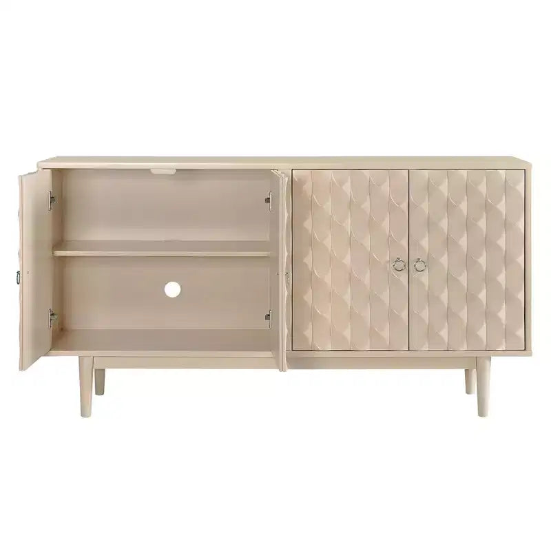 Buffet 4 portes Hostack avec portes à motif convexe et 2 poignées argentées pour salon, amande