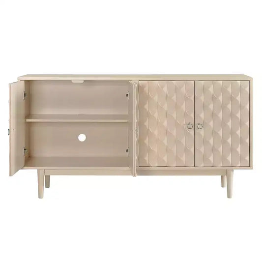 Buffet 4 portes Hostack avec portes à motif convexe et 2 poignées argentées pour salon, amande
