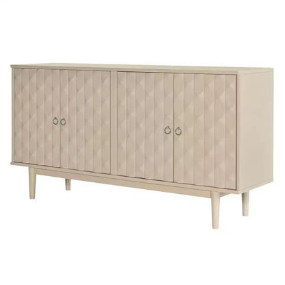 Buffet 4 portes Hostack avec portes à motif convexe et 2 poignées argentées pour salon, amande