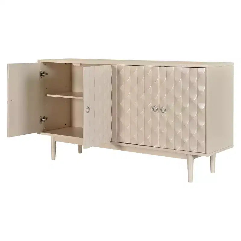 Buffet 4 portes Hostack avec portes à motif convexe et 2 poignées argentées pour salon, amande