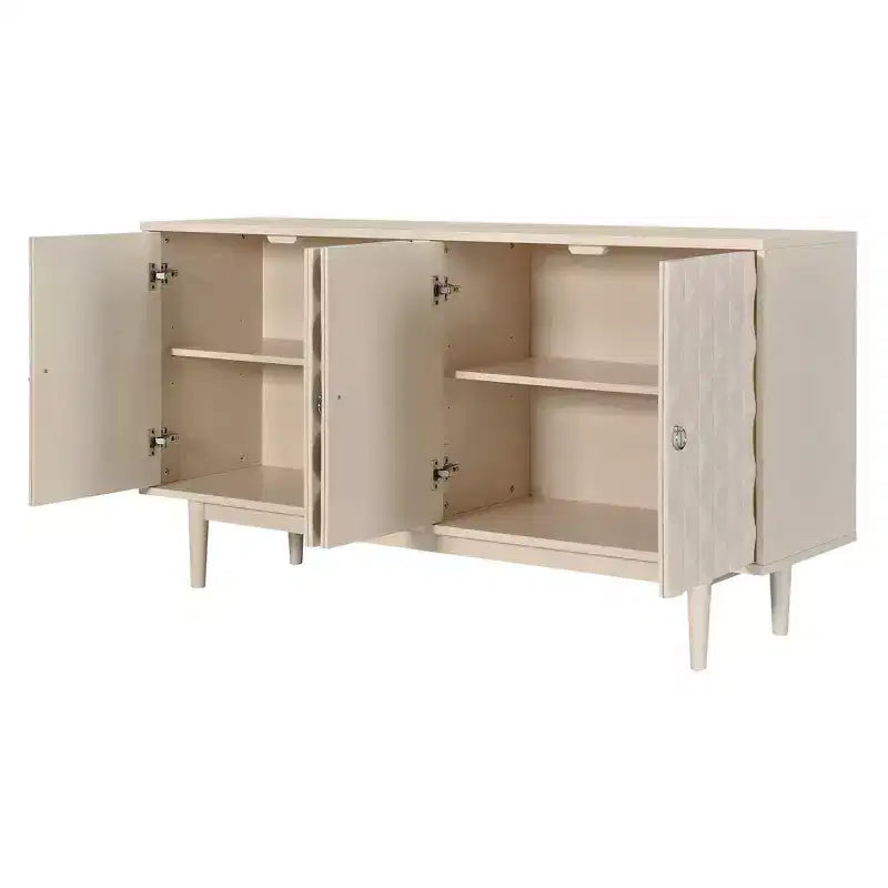 Buffet 4 portes Hostack avec portes à motif convexe et 2 poignées argentées pour salon, amande
