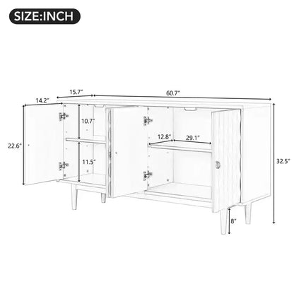 Buffet 4 portes Hostack avec portes à motif convexe et 2 poignées argentées pour salon, amande