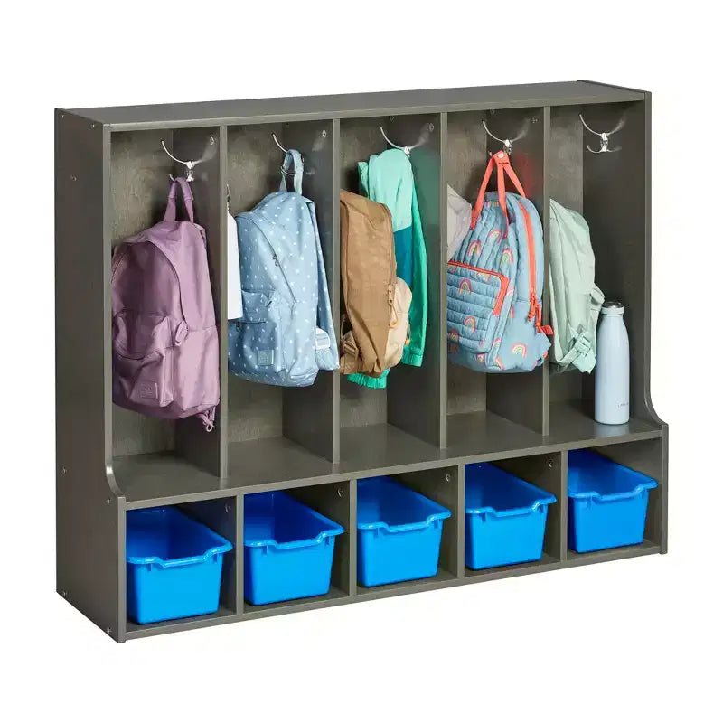 Portemanteau-vestiaire 5 sections avec banc et 5 bacs avant évidés pour tout-petits ECR4Kids Streamline