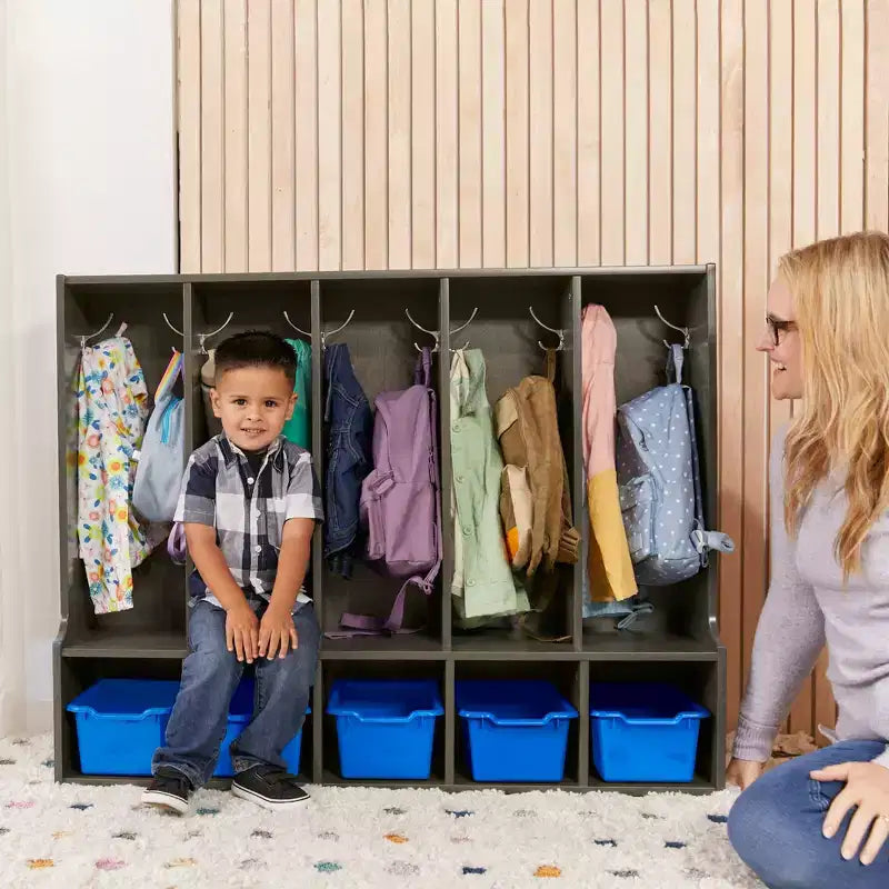 Portemanteau-vestiaire 5 sections avec banc et 5 bacs avant évidés pour tout-petits ECR4Kids Streamline