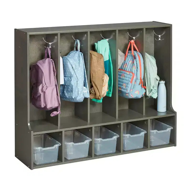 Portemanteau-vestiaire 5 sections avec banc et 5 bacs avant évidés pour tout-petits ECR4Kids Streamline