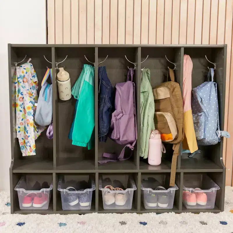 Portemanteau-vestiaire 5 sections avec banc et 5 bacs avant évidés pour tout-petits ECR4Kids Streamline