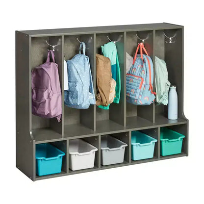 Portemanteau-vestiaire 5 sections avec banc et 5 bacs avant évidés pour tout-petits ECR4Kids Streamline