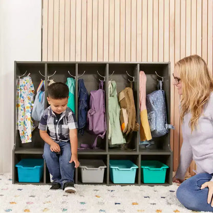 Portemanteau-vestiaire 5 sections avec banc et 5 bacs avant évidés pour tout-petits ECR4Kids Streamline
