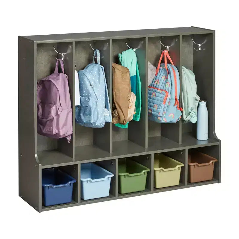Portemanteau-vestiaire 5 sections avec banc et 5 bacs avant évidés pour tout-petits ECR4Kids Streamline