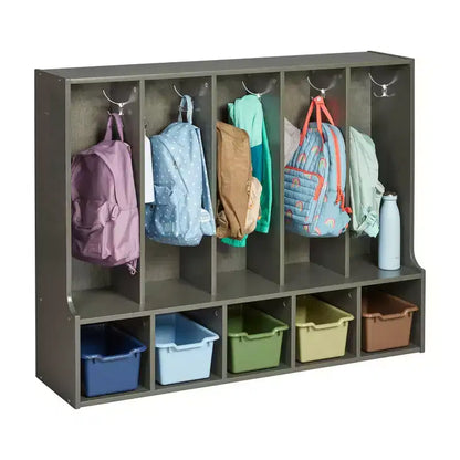 Portemanteau-vestiaire 5 sections avec banc et 5 bacs avant évidés pour tout-petits ECR4Kids Streamline