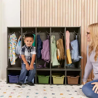 Portemanteau-vestiaire 5 sections avec banc et 5 bacs avant évidés pour tout-petits ECR4Kids Streamline