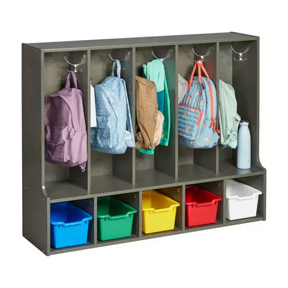 Portemanteau-vestiaire 5 sections avec banc et 5 bacs avant évidés pour tout-petits ECR4Kids Streamline