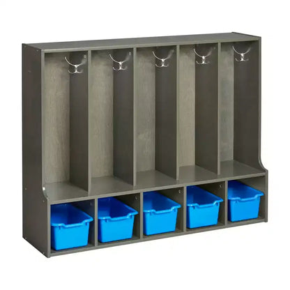 Portemanteau-vestiaire 5 sections avec banc et 5 bacs avant évidés pour tout-petits ECR4Kids Streamline