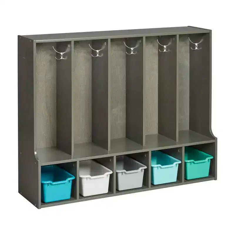 Portemanteau-vestiaire 5 sections avec banc et 5 bacs avant évidés pour tout-petits ECR4Kids Streamline