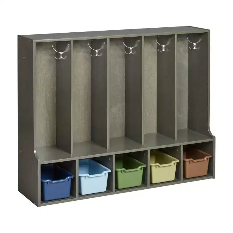 Portemanteau-vestiaire 5 sections avec banc et 5 bacs avant évidés pour tout-petits ECR4Kids Streamline
