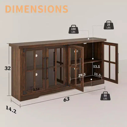 AMERLIFE 63 Buffet de Ferme, Meuble de Rangement en Bois avec Portes Vitrées, Étagères, Rangement pour Salon, Bar à Café